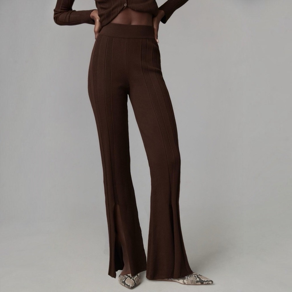 Anthropologie Daily Practice Flare Sweater Pants Brown Ribbed Knit Lounge Medium